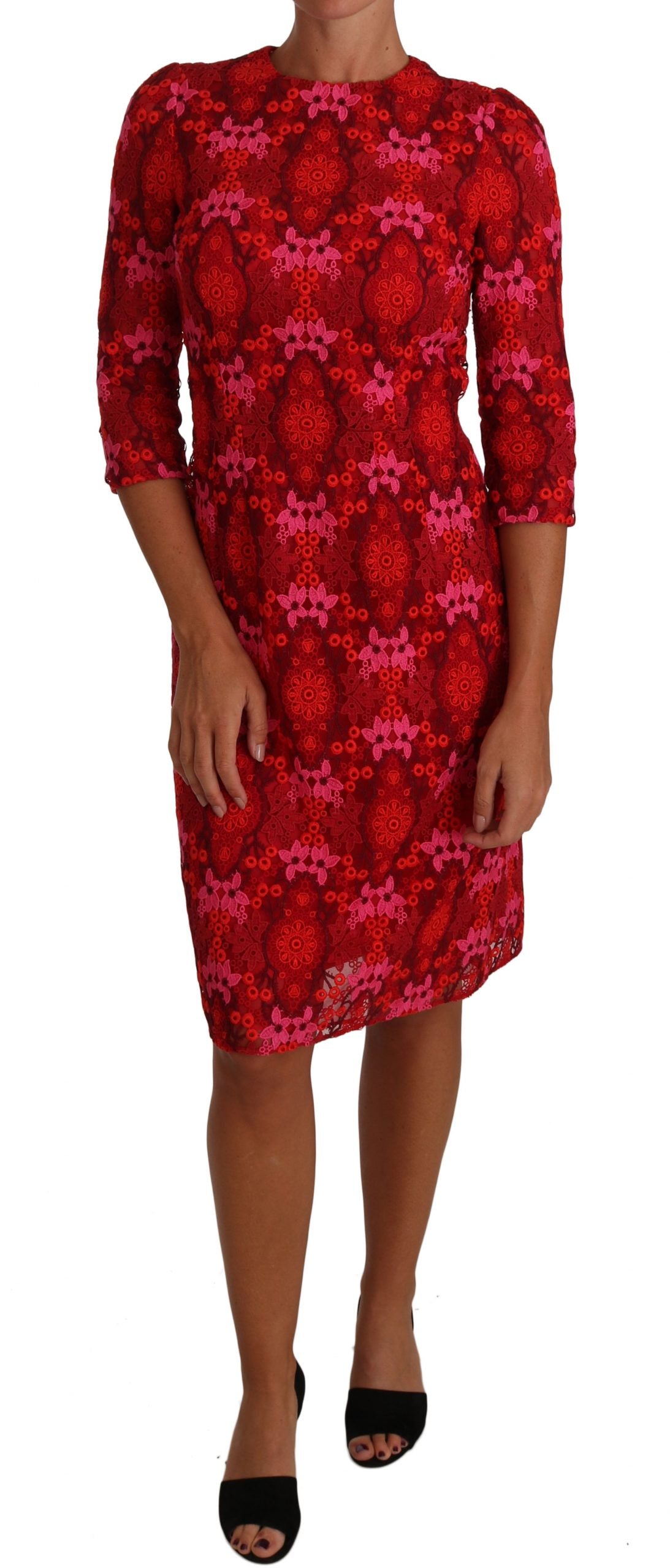 Dolce & Gabbana Floral Crochet Lace Red Pink Sheath Dress