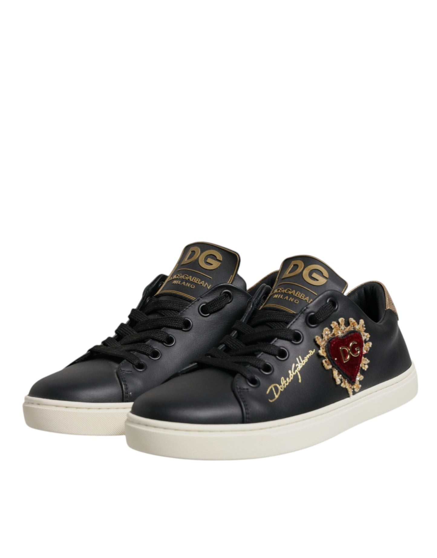 Dolce & Gabbana Black Leather Gold Red Heart Sneakers Shoes