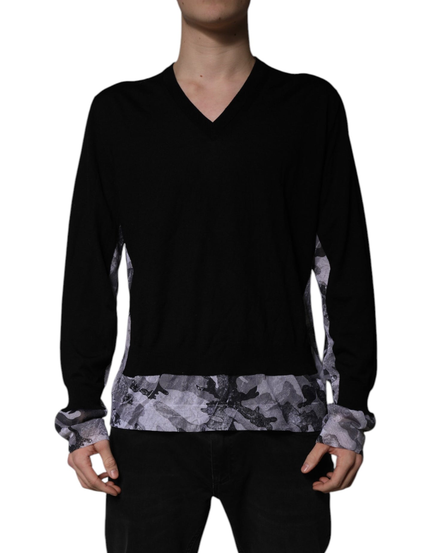 Dolce & Gabbana Black Camouflage V-neck Pullover Sweater