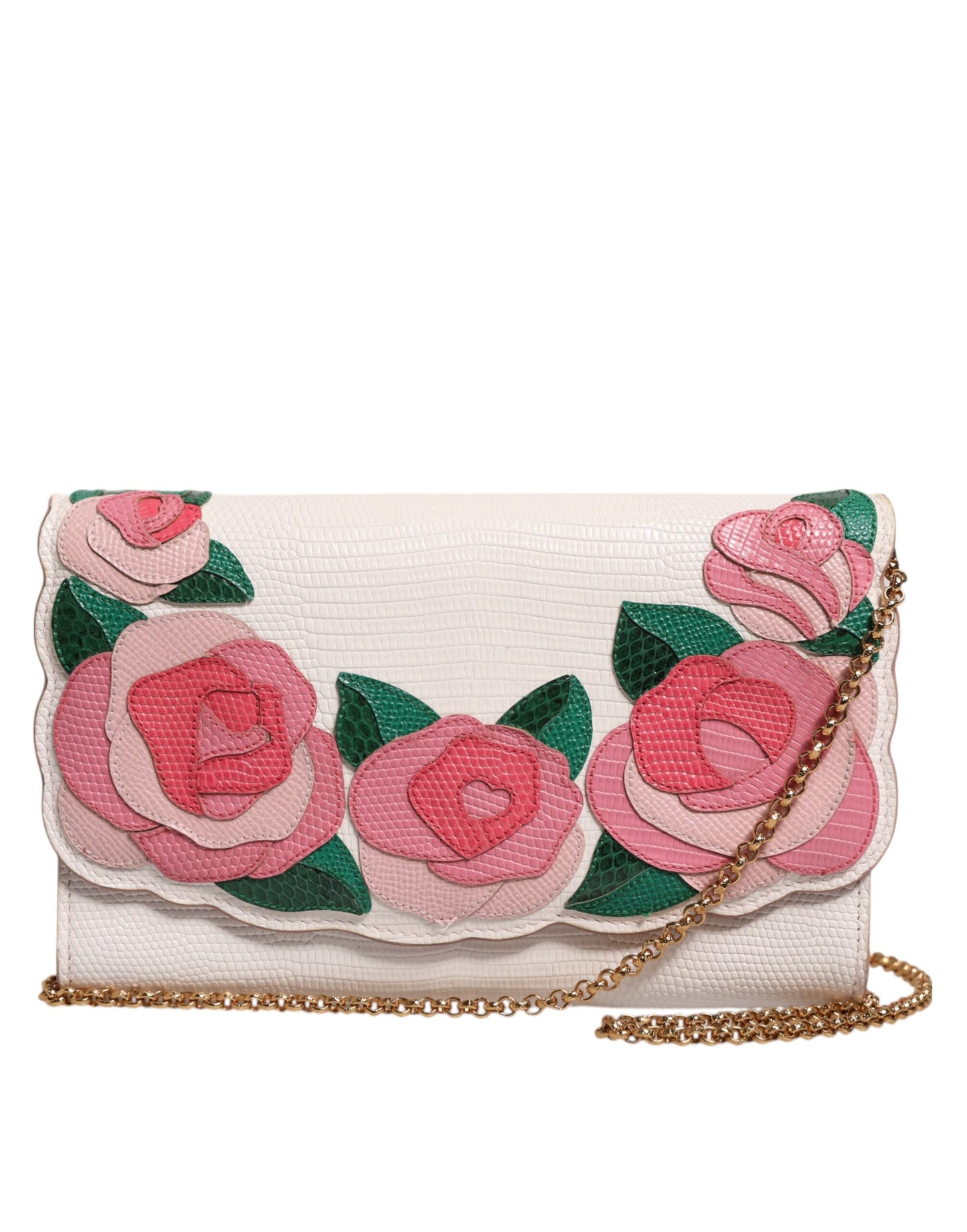 Dolce & Gabbana White Floral Leather Wallet Crossbody Gold Chain Bag