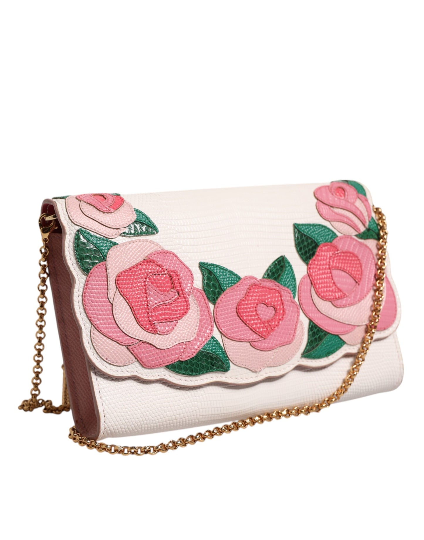 Dolce & Gabbana White Floral Leather Wallet Crossbody Gold Chain Bag
