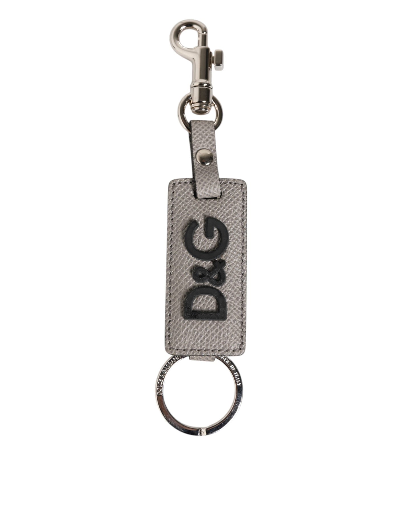 Dolce & Gabbana Gray Leather Logo Metal Ring Keychain Holder Keyring
