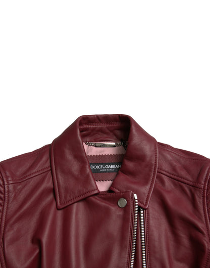 Dolce & Gabbana Bordeaux Leather Biker Coat Lambskin Jacket