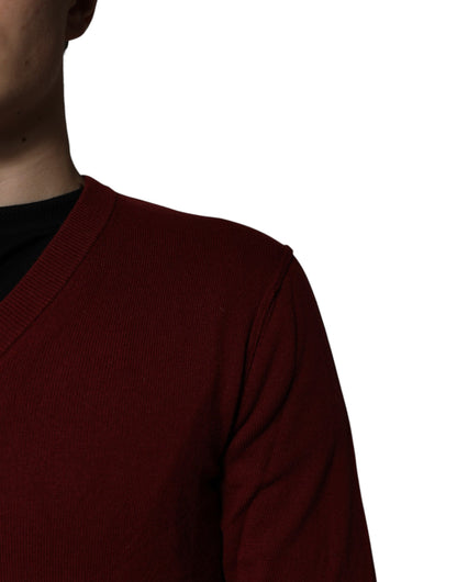 Dolce & Gabbana Maroon Cashmere V-neck Men Pullover Sweater