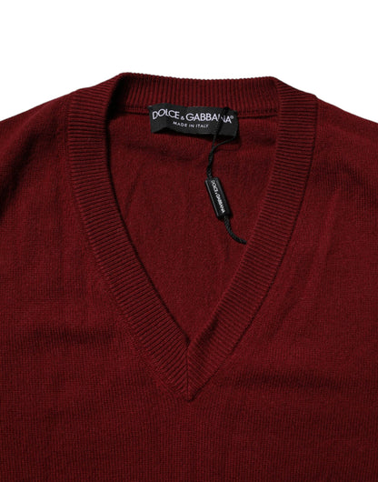 Dolce & Gabbana Maroon Cashmere V-neck Men Pullover Sweater