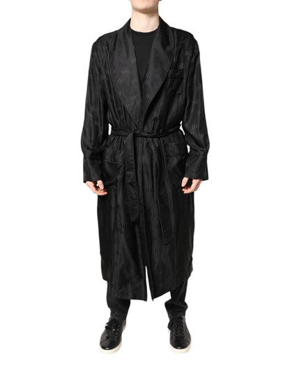 Dolce & Gabbana Black Silk DG Logo Men Wrap Robe Coat Jacket