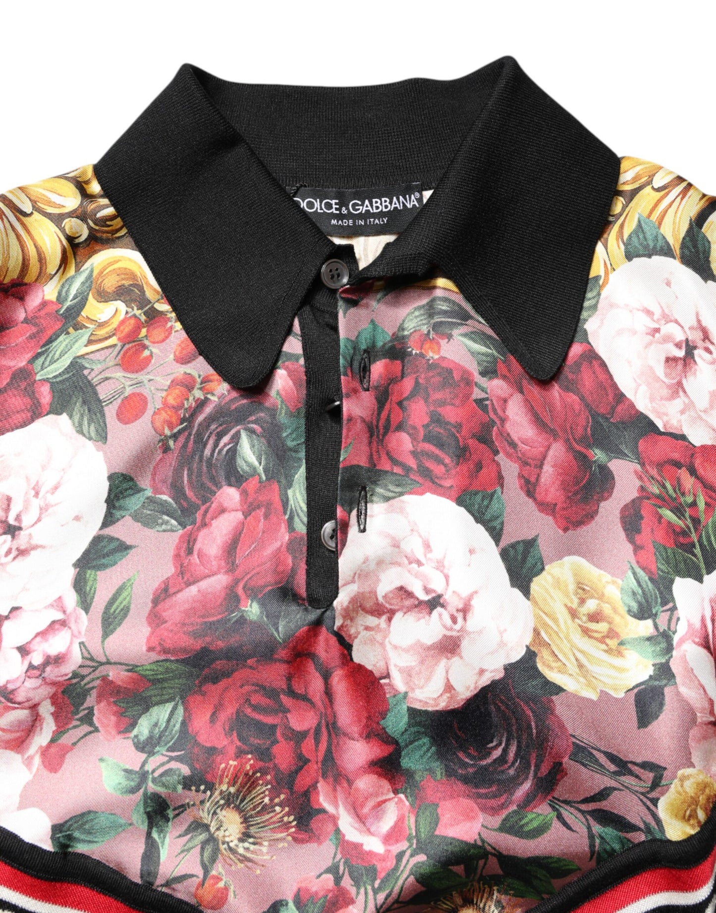 Dolce & Gabbana Black Floral Collared Short Sleeve T-shirt