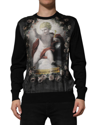 Dolce & Gabbana Black Cashmere Cherub Print Baroque Sweater
