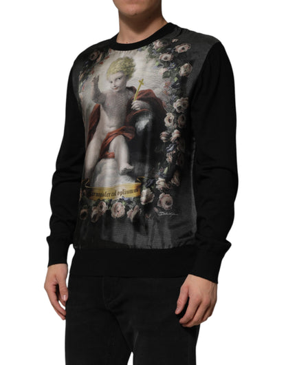 Dolce & Gabbana Black Cashmere Cherub Print Baroque Sweater