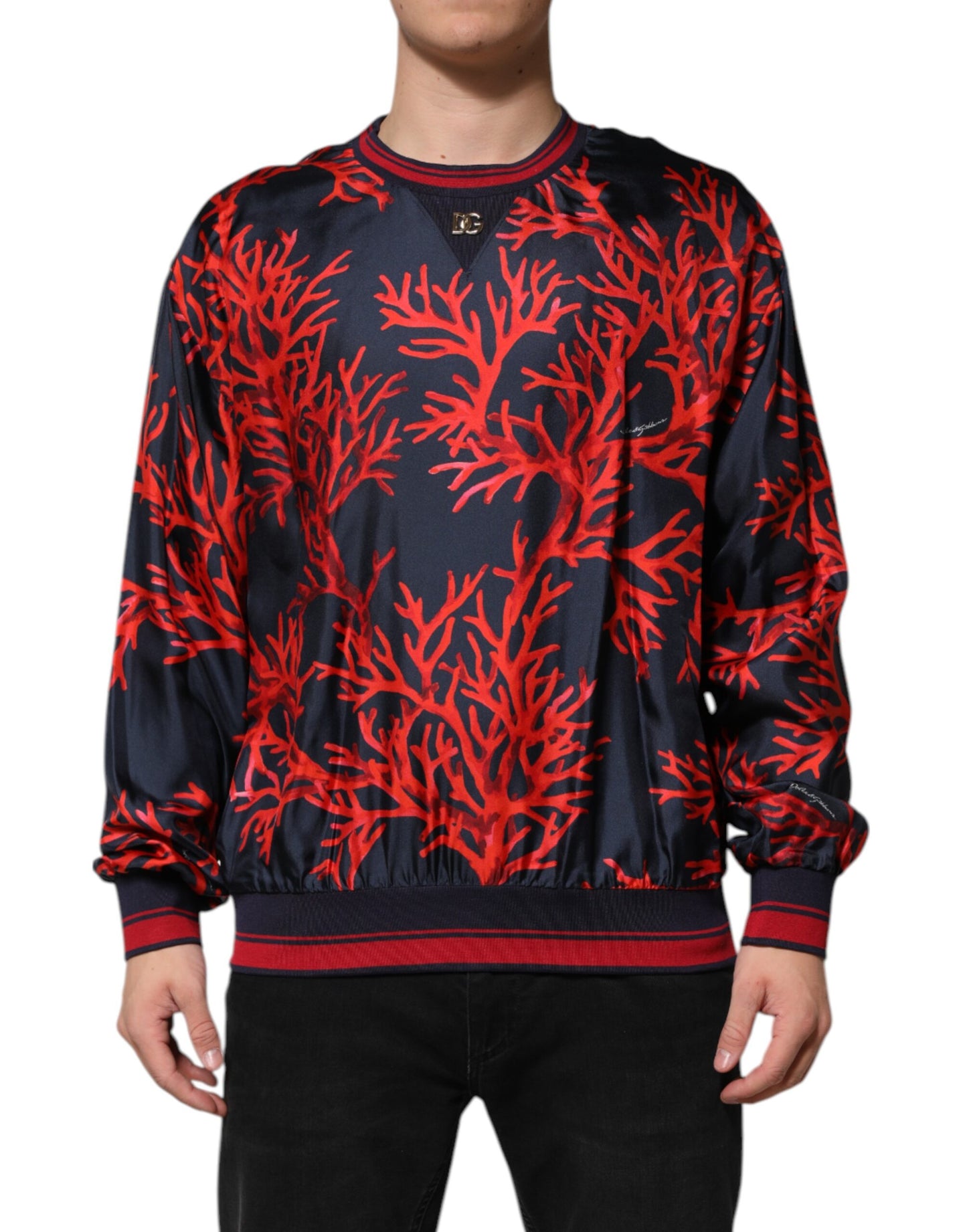 Dolce & Gabbana Navy Red Silk Coral Print Pullover Sweater