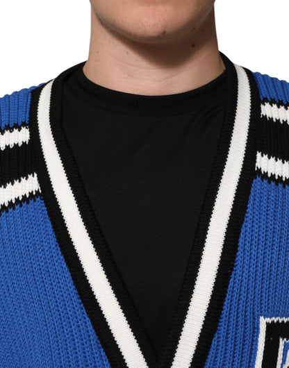 Dolce & Gabbana Blue Cotton Logo Patch Ribbed Knit Cardigan Sweater