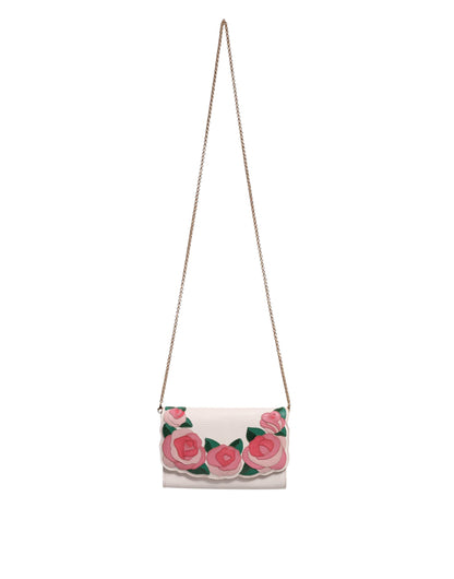 Dolce & Gabbana White Floral Leather Wallet Crossbody Gold Chain Bag