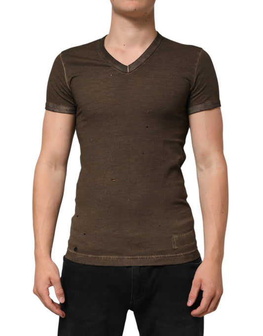 Dolce & Gabbana Dark Brown Cotton Tattered Logo Men T-shirt