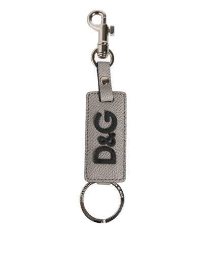 Dolce & Gabbana Gray Leather Logo Metal Ring Keychain Holder Keyring