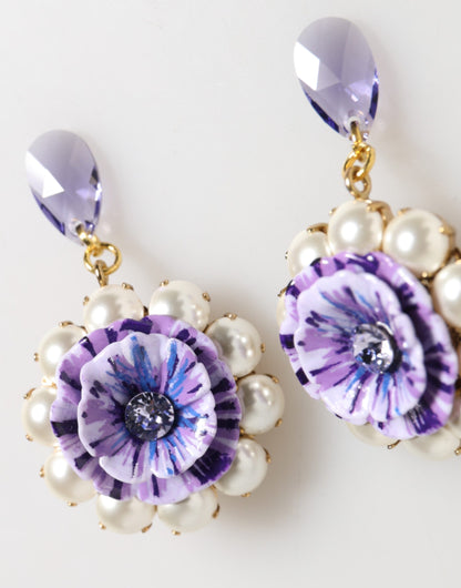Dolce & Gabbana Purple Floral Crystal Pearl Drop Clip-On Statement Earrings