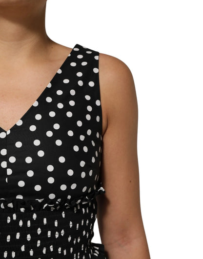 Dolce & Gabbana Black White Cotton Polka Dot Print V Neck Dress