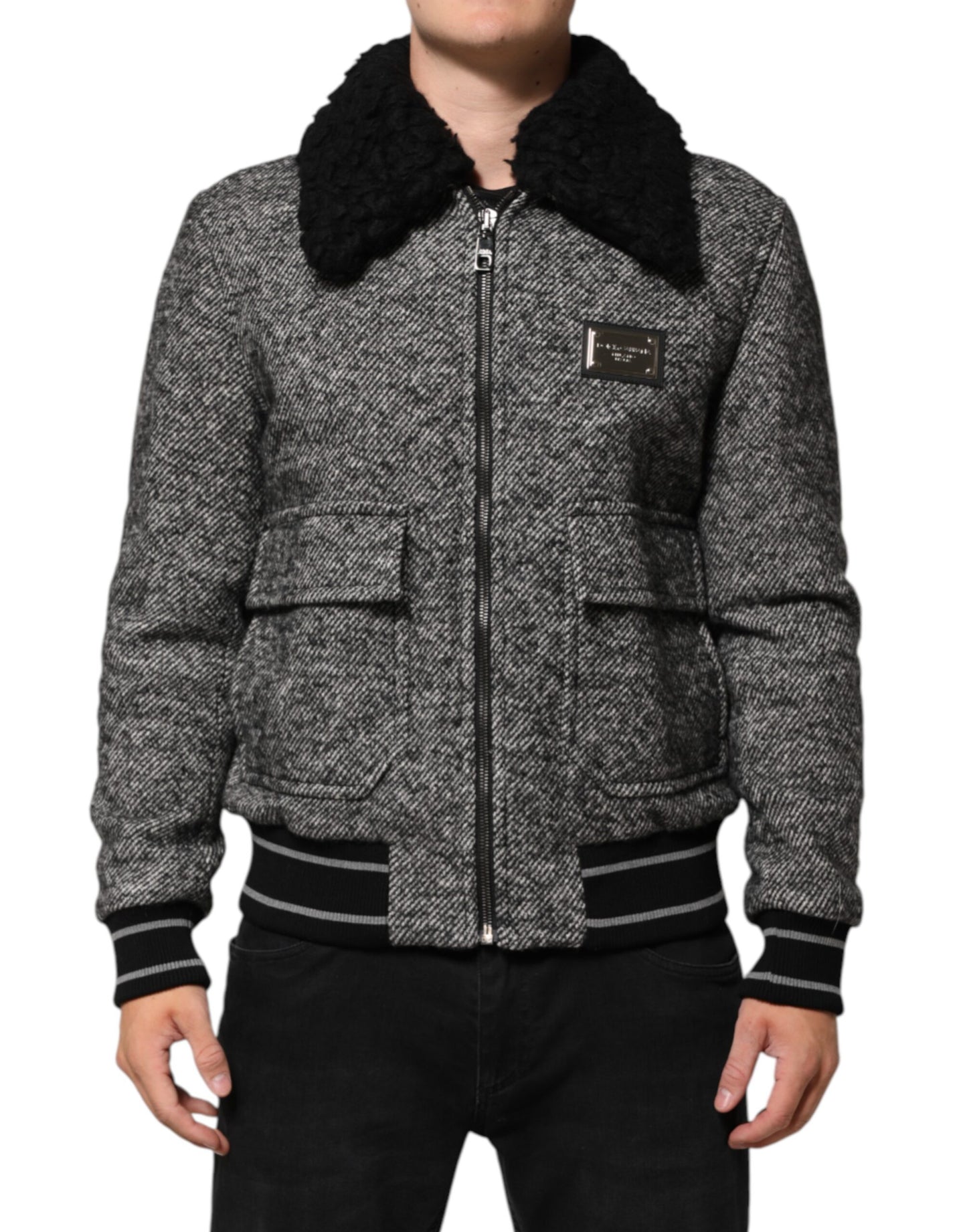 Dolce & Gabbana Gray Wool Herringbone Shearling Collar Bomber Jacket