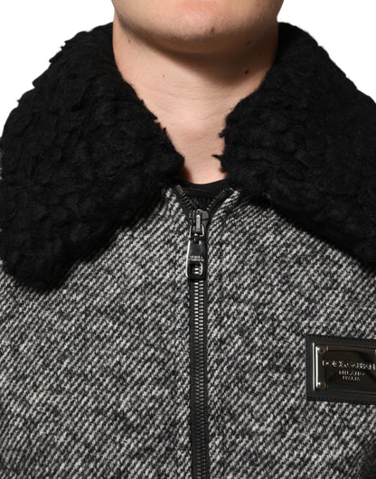 Dolce & Gabbana Gray Wool Herringbone Shearling Collar Bomber Jacket