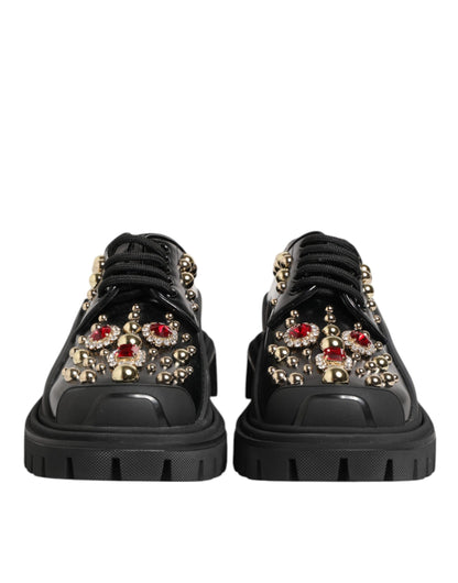 Dolce & Gabbana Black Leather Jeweled Crystals Derby Shoes